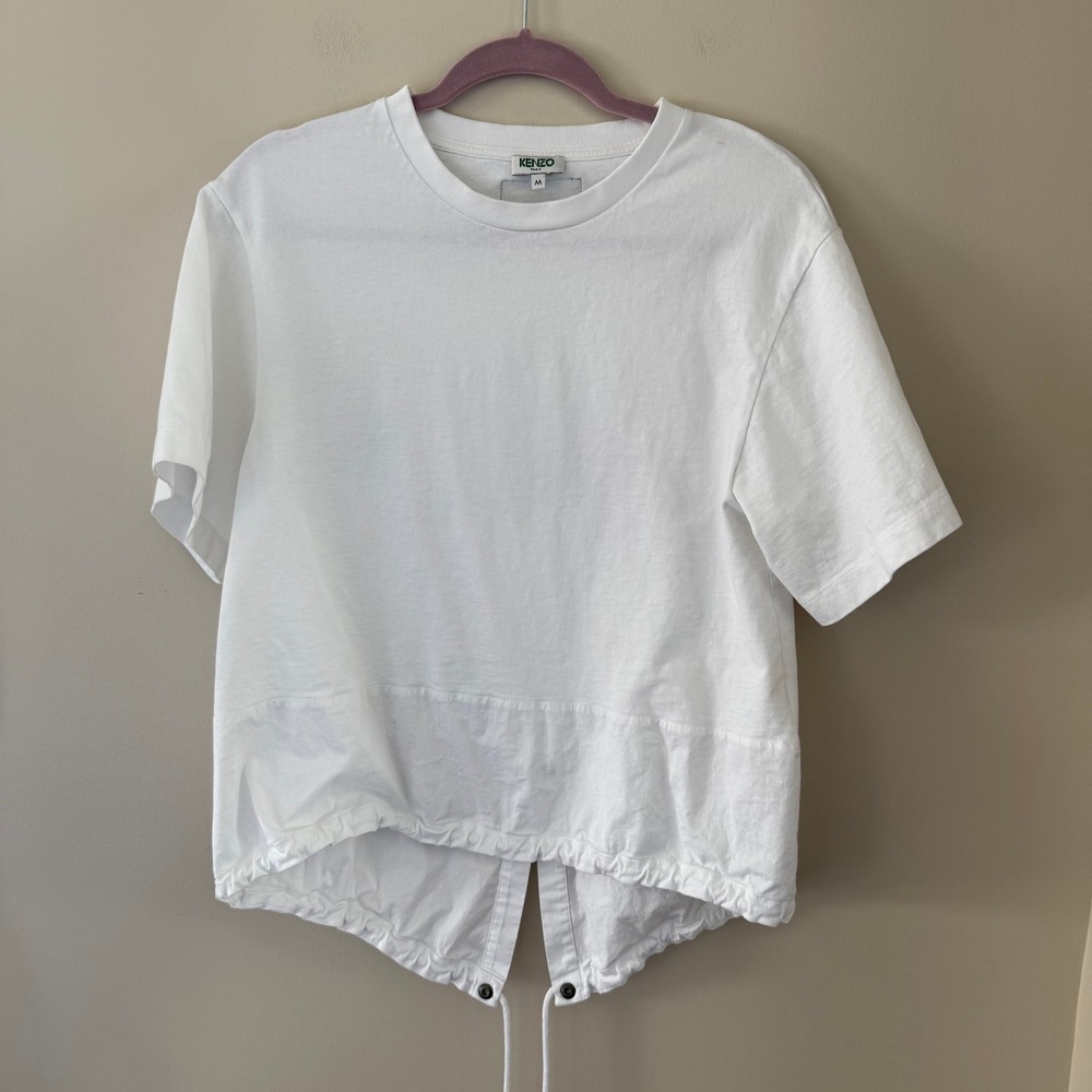 Kenzo Paris White Drawstring Hem T-Shirt Split Back Globe Logo Size M Mens